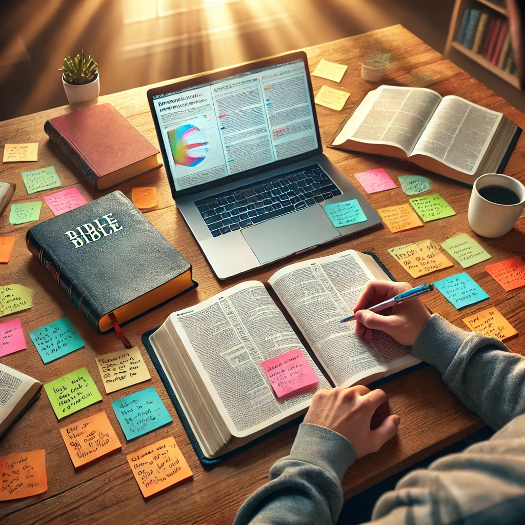 DALL·E 2024-09-25 19.56.15 - A photorealistic image of a person engaged in Bible study, surrounded by a Bible, a laptop, and various sticky notes with handwritten notes. The perso