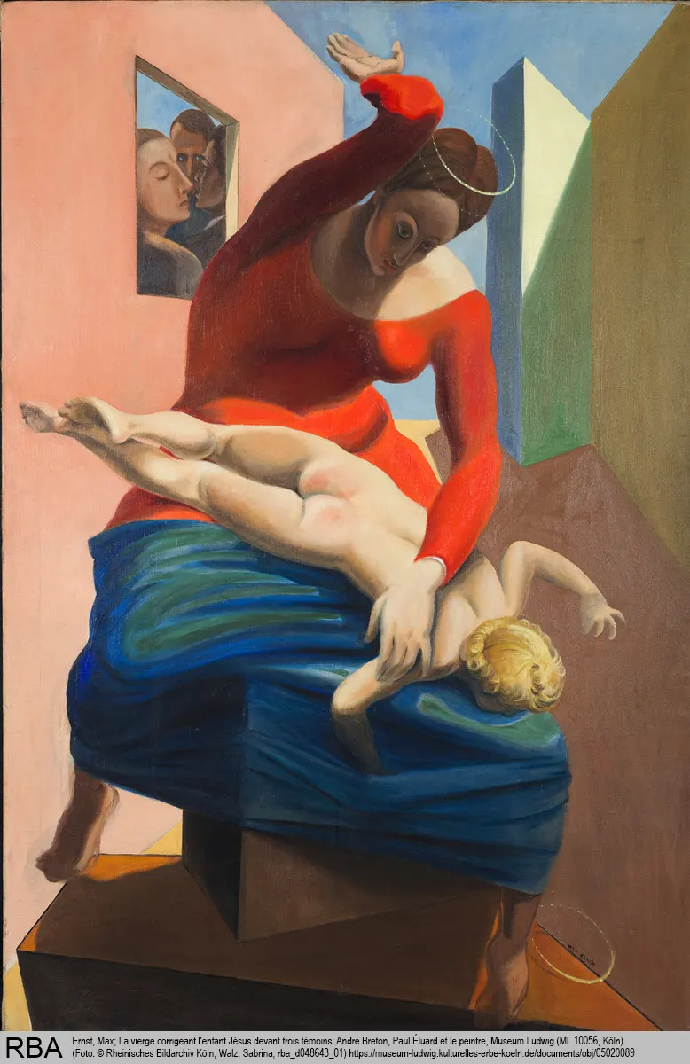 Ernst, Max; La vierge corrigeant l'enfant Jésus devant trois témoins: André Breton, Paul Éluard et le peintre, Museum Ludwig (ML 10056, Köln) (Foto: © Rheinisches Bildarchiv Köln, Walz, Sabrina, rba_d048643_01) https://museum-ludwig.kulturelles-erbe-koeln.de/documents/obj/05020089